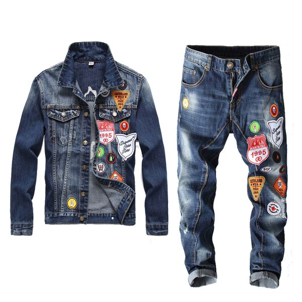 

men's 2 piece set new men slim white red leaf badge denim jacket long sleeve + stitching straight jeans embroidered multi-badge trend s, Gray