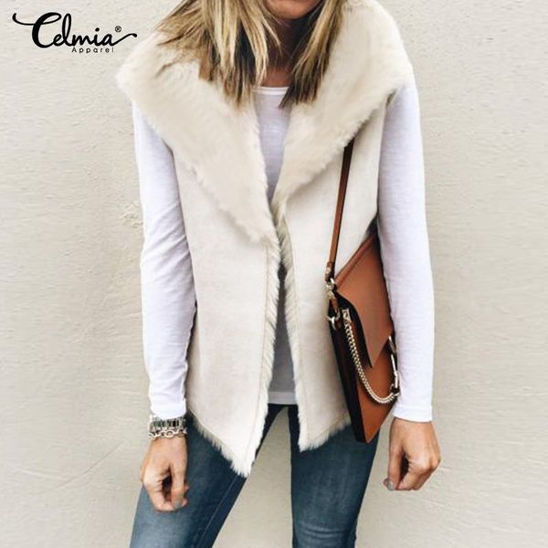 

celmia womens faux fur vest 2019 winter warm outwear solid casual coat female fleece jackets sleeveless soft waistcoat plus size, Black;white