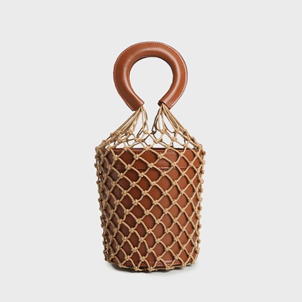 

designer-knit rope women net bucket bag luxury designer handbags fashion hollow out leather summer travel beach tote bag female hand bags