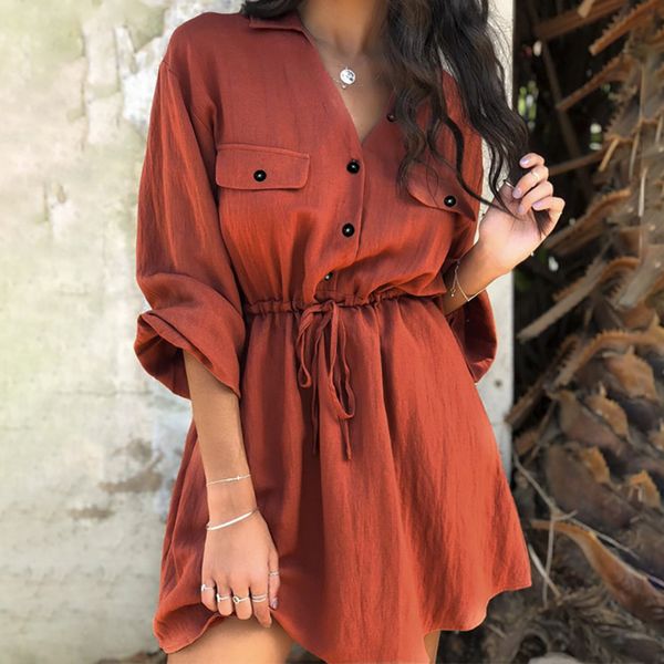

2019 vintage women mini shirt dress casual lantern sleeve short dress turndown collar lace up linen female dresses, Black;gray