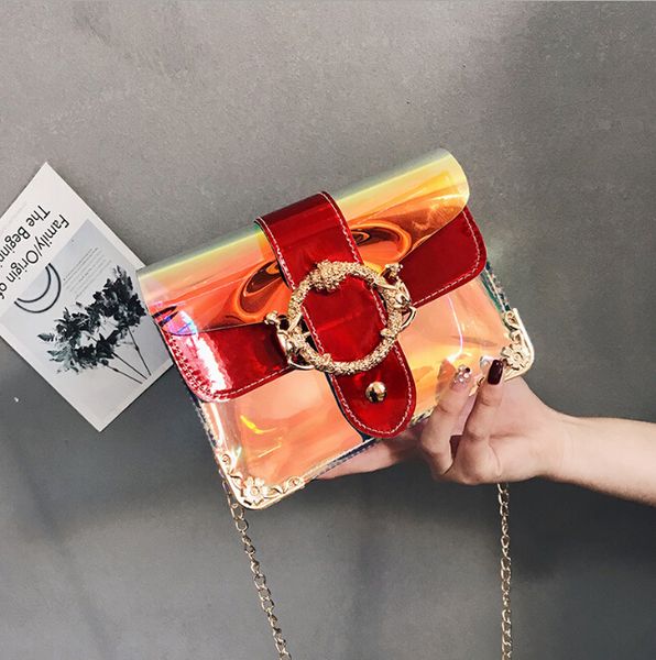 

2019 new korean version of the laser bright transparent jelly package female chain shoulder slung small square bag