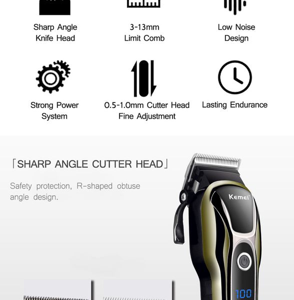 

100-240v kemei rechargeable hair trimmer professional hair cutting beard electric razor hair shaving maquina cortar cabelo fmuyl