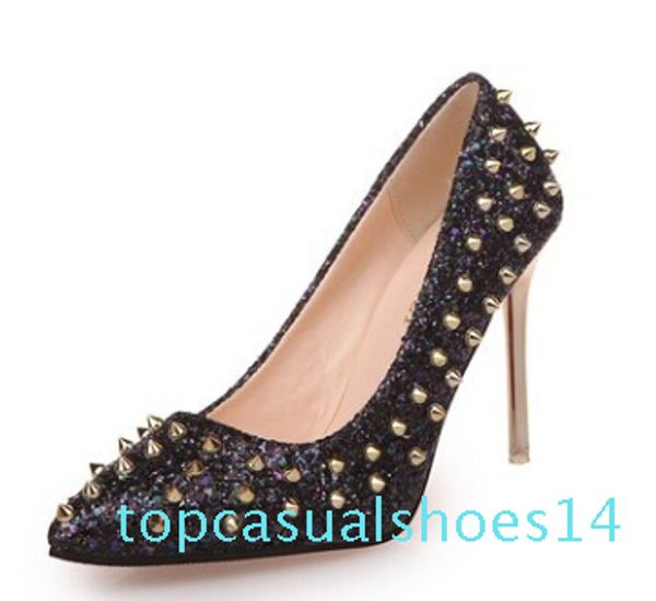 

brand shoes red sloe women pumps high heel shoes rivet pointed toe fine heel lady wedding shoes bottom for the red fashion party 14t, Black