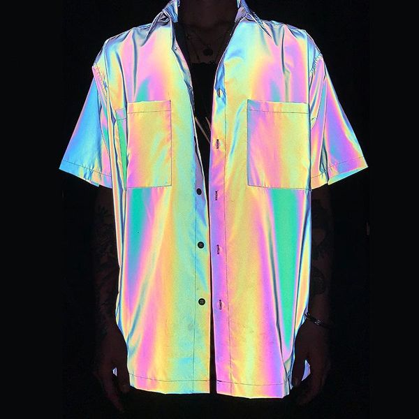 

men's casual shirts mens laser rainbow reflective pocket beach harajuku punk rock hip hop male streetwear, White;black