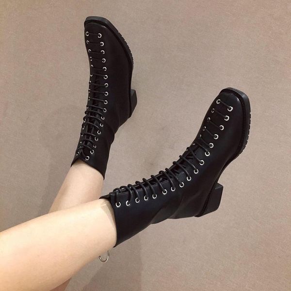 

med heel boots women's low shoes lace up booties ladies bootee woman 2019 ankle chunky rubber rock hoof heels solid pu slip-on, Black