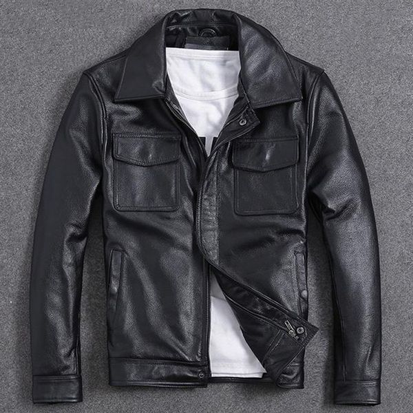 

motorcycle cowhide short leather jackets and coats for men vintage casual european streetwear spring mens brand clothing a972, Black