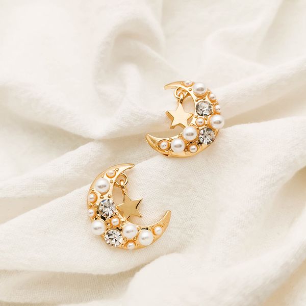 

high grade sense moon and stars earrings women's fine silver Â imitationÂ pearl earrings south korea dongdaemun elegant versatile