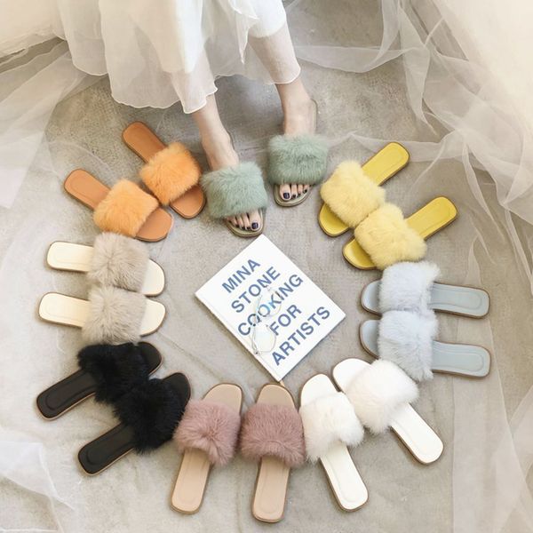 

solid fur mules slippers summer ladies candy color slip on flipflops casual girls flats shoes woman outdoor sweet fluffy slides, Black