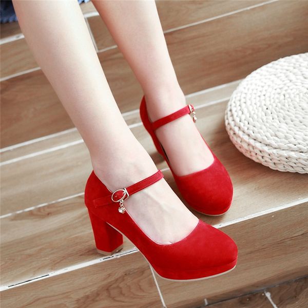 

fashion lady's office dress shoes red black blue flock high heels pumps large size female 2019 buckle pumps