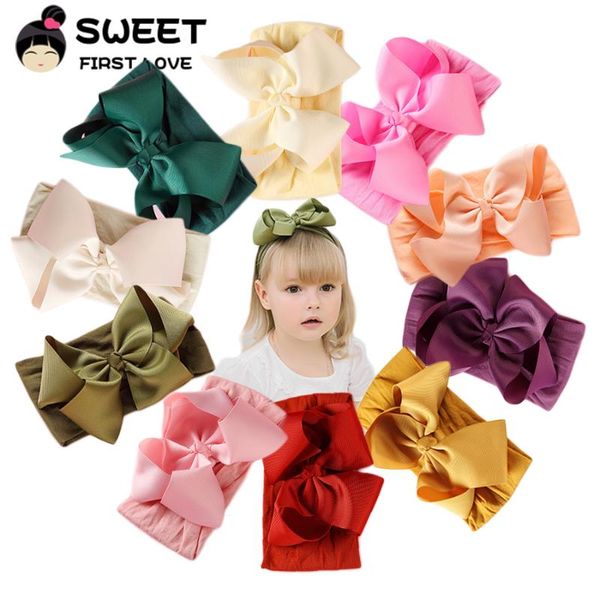 

nylon headbands for girls fashion hair accessories kids ribbon bow knot soft nylon hair bands wide headwraps infants turban, Slivery;white