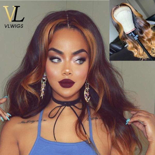 

vlwigs human hair full lace wig with baby hair ombre highlights body wave glueless brazilian remy wigs pre plucked vl19, Black;brown