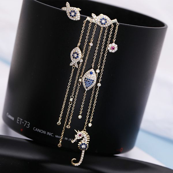 

swour new fashion jewelry s925 silver needle zirconia fish seahorse tassel chain mismatched femme dangle earrings s497