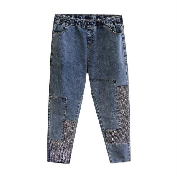 

jeans women 2020 spring autumn new european style hit color was thin heavy industry rhinestones feet denim harem pants p975, Blue