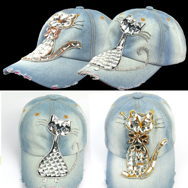 

new water wash jean retro cat zircon ornament snapback caps baseball caps casquette ourdoor casual hip hop sun hats, Black;white