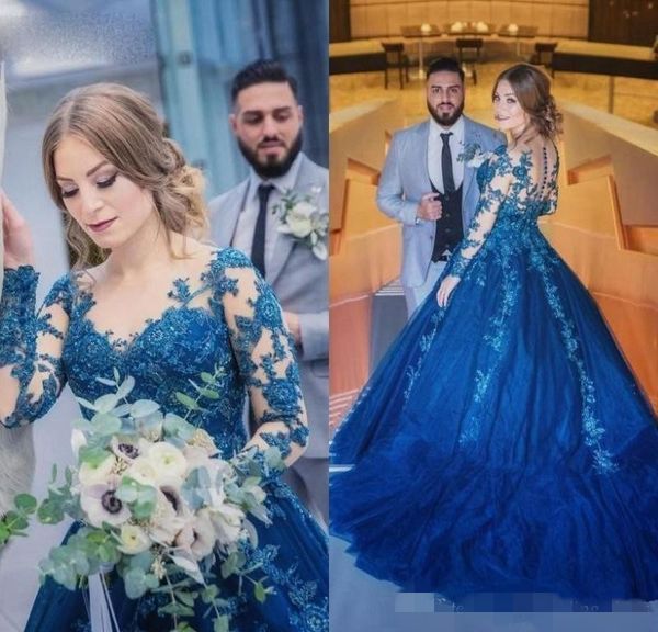

gorgeous royal blue quinceanera dresses long sleeves illusion beaded sheer scoop neck covered buttons back sweet 16 princess prom ball gown, Blue;red