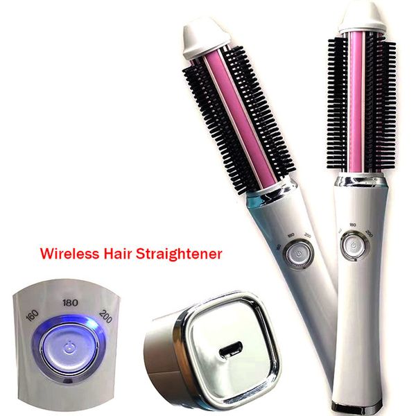 

portable usb wireless mini hair curler 2 in 1 straightener brush battery electrical curling brushes straightening comb