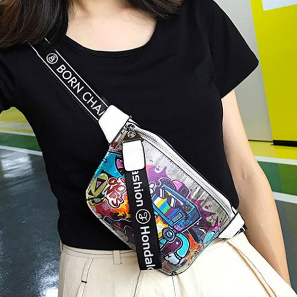 

fashion painted graffiti waist bags pu waterproof women's belt bags casual shoulder diagonal chest bag 2020 new bungee girl bag