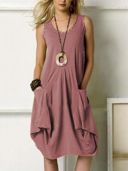 

printed sleeveless dresses plus size women clothing summer women casual dresses solid color big pocket irregular, Black;gray