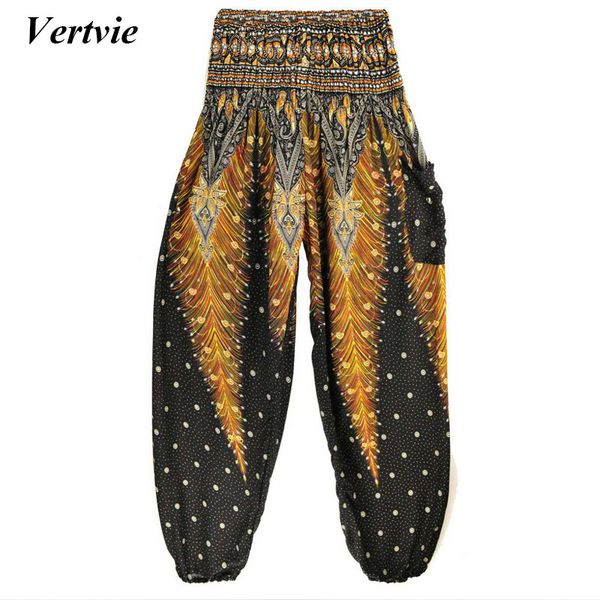

vertvie summer women high waist loose cotton yoga pants sports multi color patchwork peacock feather breathable pockets trousers, White;red
