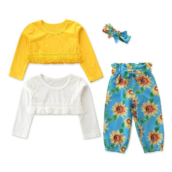 

toddler baby girl clothes crop long sleeve t-shirt+floral pants trousers headband outfits kids wear children clothing set, White