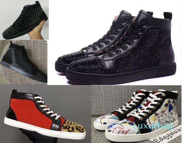 

2019 wholesale spikes high red bottom pik pik studded sneakers shoes women men luxury designer flat casual red sole autumn, Black
