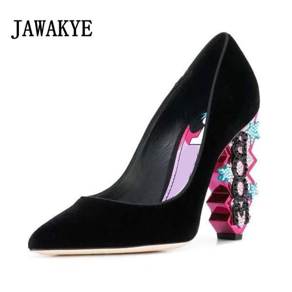 

2020 latest design velour pumps boom color strange heel pointed toe formal banquet shoes women, Black
