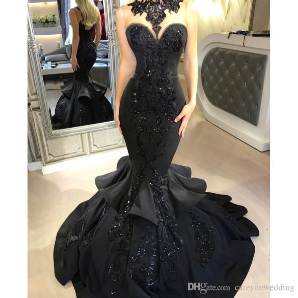 

dubai arabic black mermaid prom dresses 2019 beads sequined ruffles sequined lace applique floor length formal party gowns prom dresses