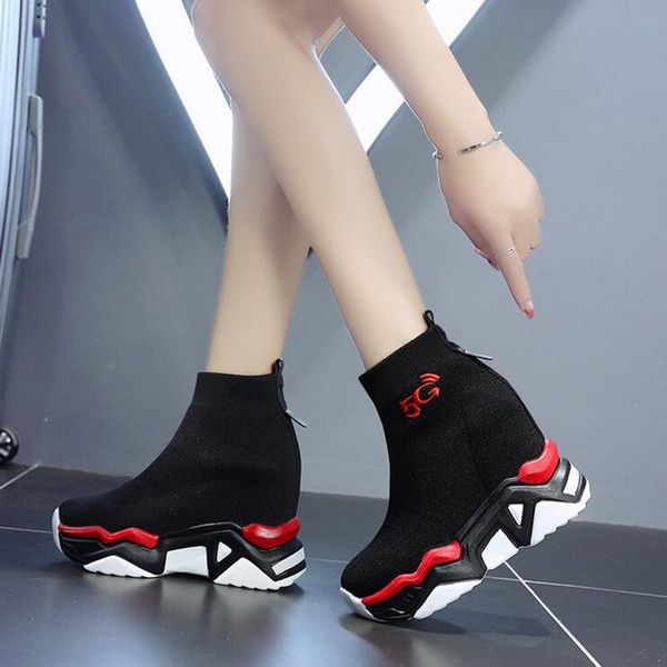 

wgznyn new mesh wedge shoes woman platform boots ladies sneakers solid slip on ankle boots for women round toe female shoes w509, Black