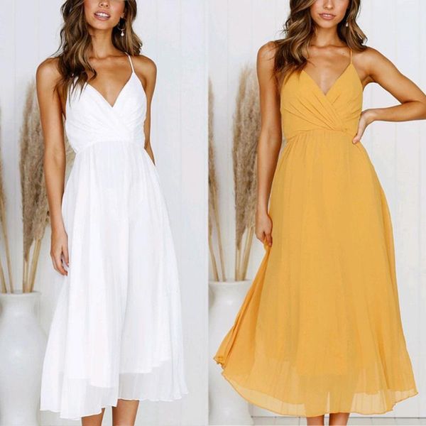 

maxi dress 2020 long dress women party sleeveless dresses pleated v neck estido summer beach boho ladies casual, Black;gray