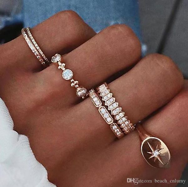 

6 pcs set fashion women finger ring sets sweet crystal water drop bohemian charm finger joint ring sets party cluster rings jewelry gift, Golden;silver