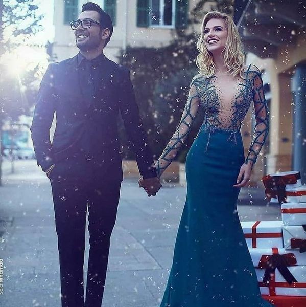 

2019 mermaid prom dresses gorgeous long sleeve lace beaded arabic dubai formal evening gowns special occasion dresses custom made, Black