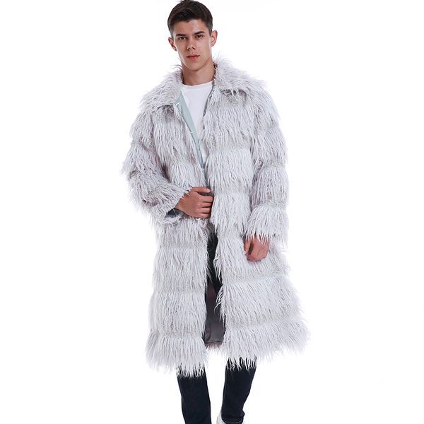

oversized winter men long trench coats thicken warm fur furry overcoats with pockets faux fur shaggy turn-down collar jackets, Tan;black