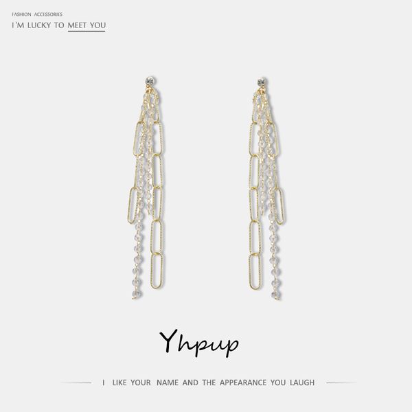 

yhpup stylish personality handmade copper long tassel dangle earrings crystal temperament s925 statement jewelry for women party, Golden