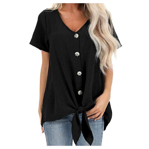 

blouse shirt women summer tunics plus size short sleeve button female office tie front boho clothing blusa feminina branca, White