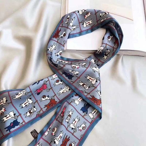 

women animal print scarf joker small silk cat scarfs neckerchief short neck kerchief 10cm*100cm, Blue;gray