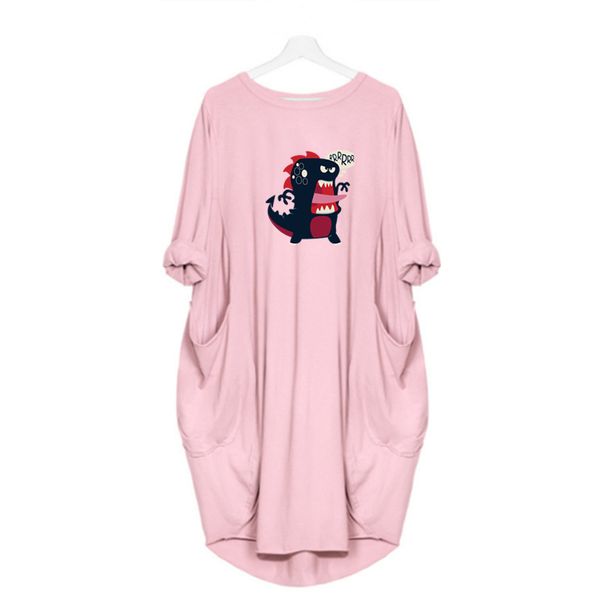 

designer womens dress new brand one piece loose cloth knee length dress with dinosaur cartoon printing casual style size s-5xl wholesales, Black;gray