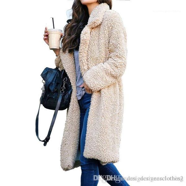 

neck women long coats fashion cardigan wool coats casual solid color women outerwear winter plush lapel, Black