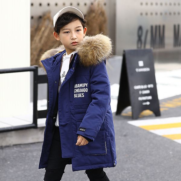 

hssczl boys duck down jackets 2019 brand new winter thicken outerwear overcoat boy down coat hooded big fur collar kids 8-14y, Blue;gray
