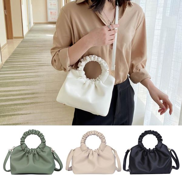 

women leather shoulder messenger bags pure pleated casual crossbody handbag