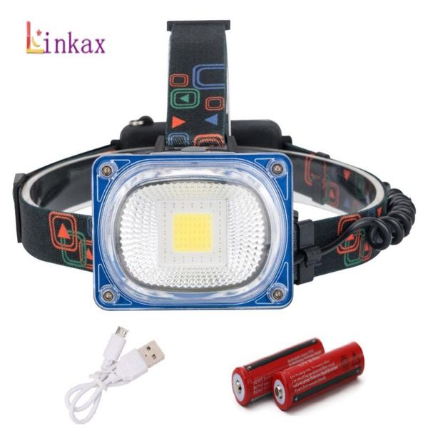 

wide angle headlight headlamp cob rechargeable head lamp 3 modes torch safety warning light+2x 18650 battery + usb charger