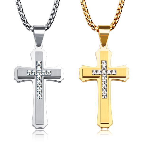 

cross necklace pendant for men stainless steel titanium diamond sliver golden head mens jewelry for boys gifts, Silver