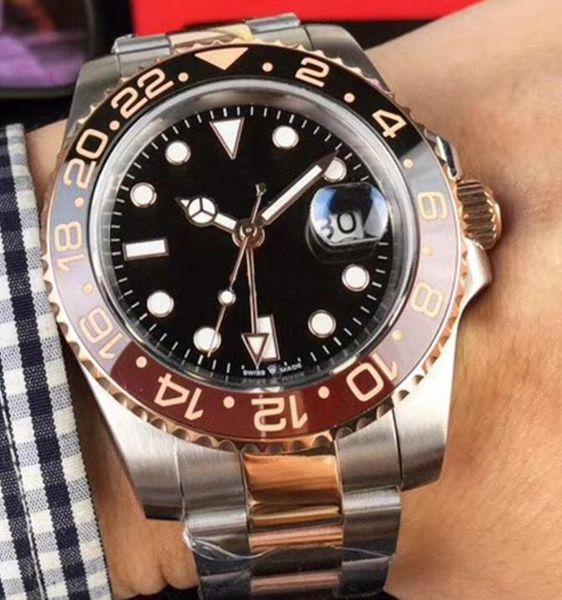

new sale rose gold gmt2 batman mens watch automatic movement ceramic rotating bezel sapphire glass steel strap wristwatch, Slivery;brown