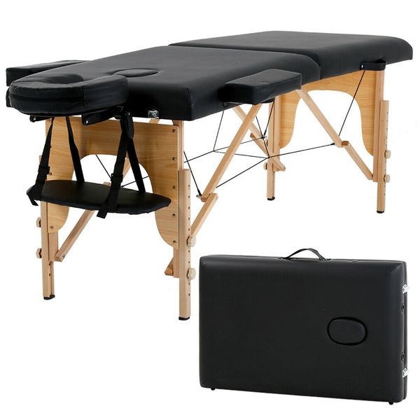 

new massage table spa bed 73" long portable 2 folding w/ carry case black