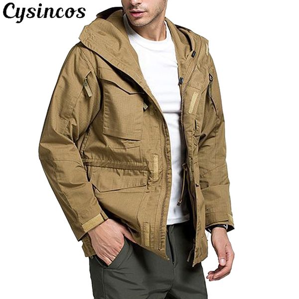 

cysincos men tactical jacket spring quick dry 2-in-1 3xl coat male multi pockets hooded windbreaker waterproof jacket, Tan;black
