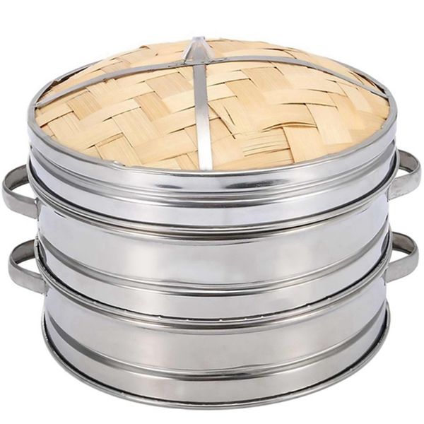 

2 tier 20cm bamboo steamer basket with cover cookware kitchen for dumpling fish rice vegetable pasta chinese heating steaming ba