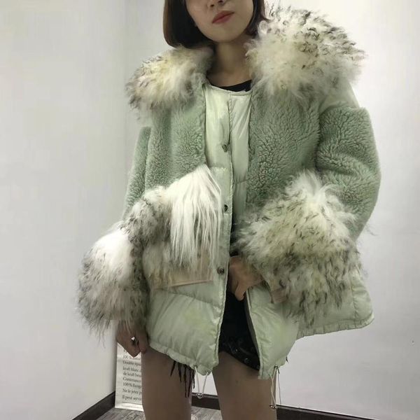 

2019 real fur coat duck down coat winter jacket women natural mongolia sheep fur 100% wool fabric parka streetwear warm, Black