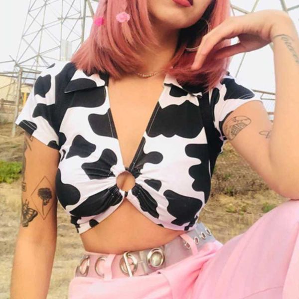

metal knot crop women t shirts fashion women round lapel milk print summer short sleeve v neck t shirts s-l size, White