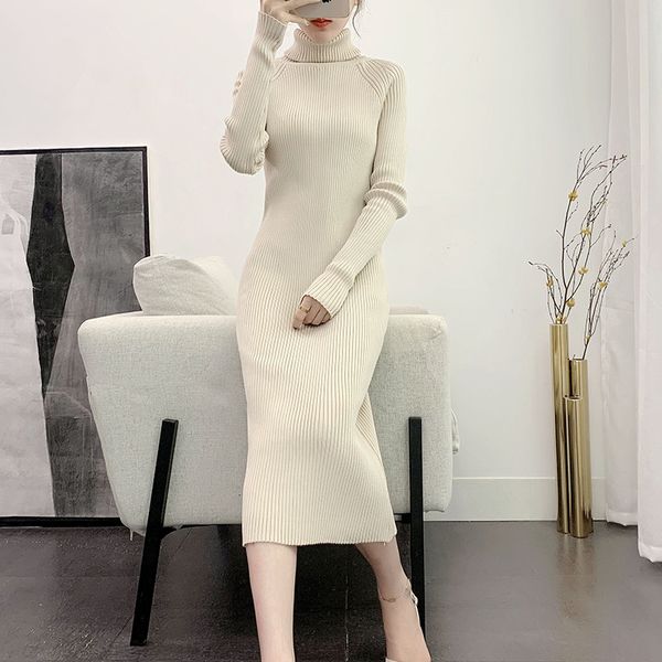 

genayooa autumn winter thickness knitting woman dress women turtleneck sweater dress warm vestido ukraine vintage 2019 korean, Black;gray