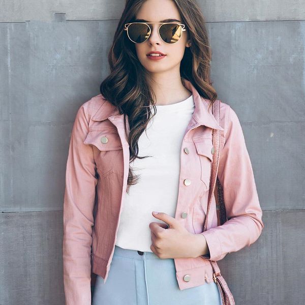 

pink suede jackets women new autumn winter long sleeve pockets denim coat single-breasted female jacket outerwear, Black;brown