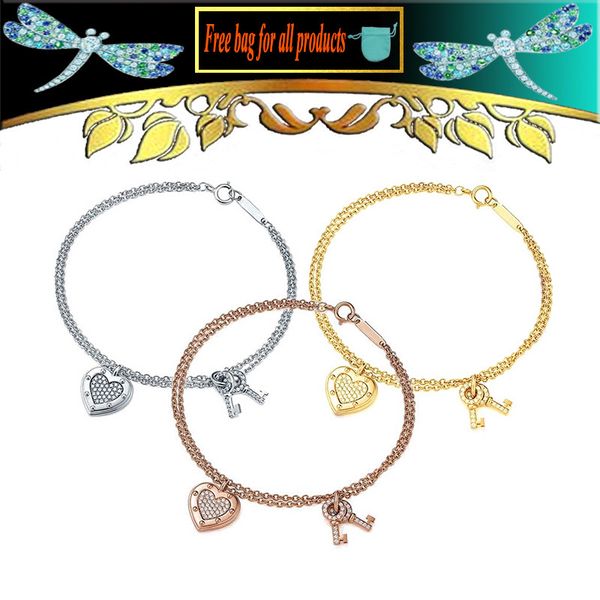 

s925 sterling silver double chain heart & 2 keys bracelets birthday party anniversary gift for women jewelry with, Black